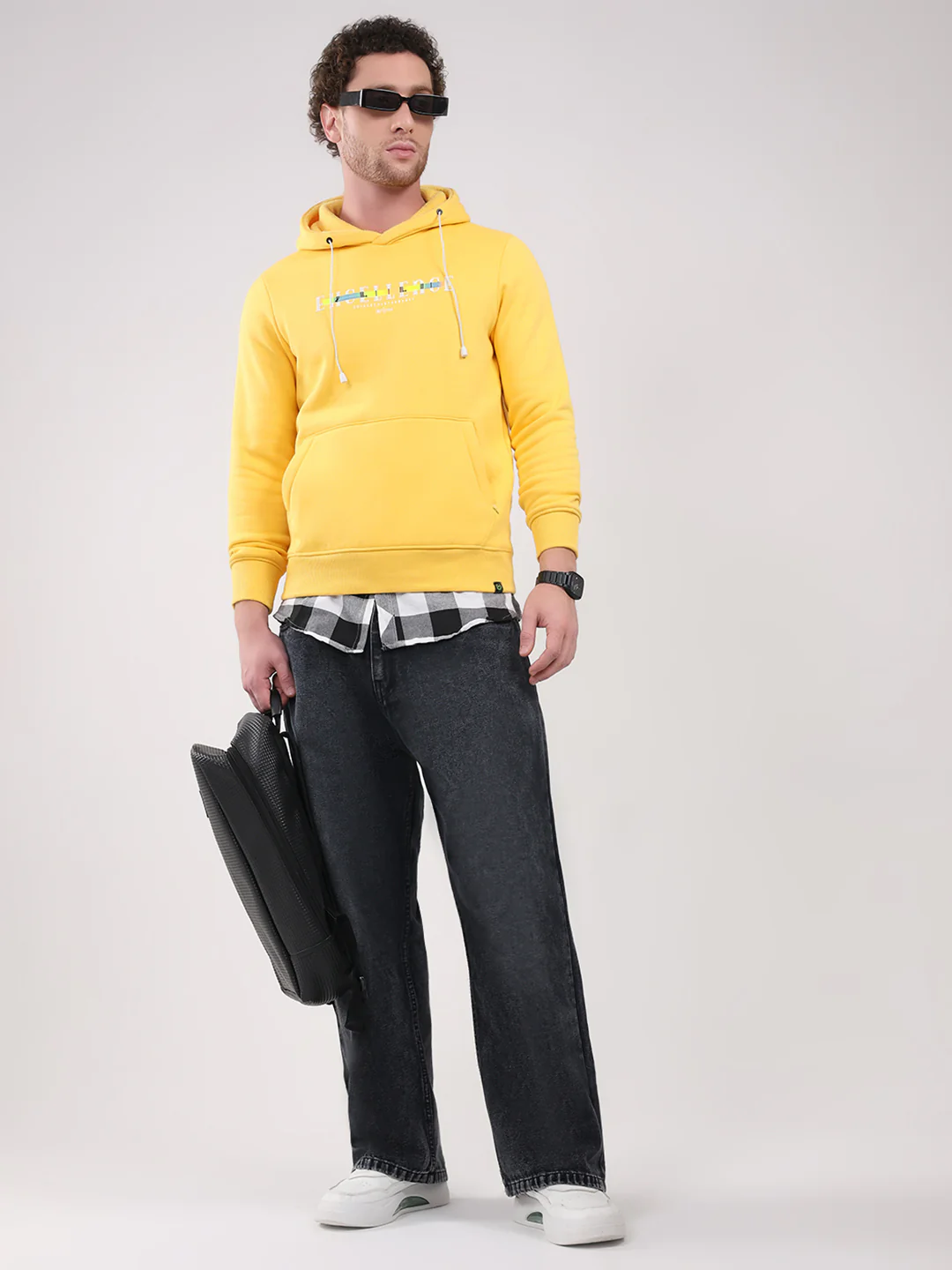 Men Yellow Printed Hooded Full Sleeve Sweatshirt - Image 2