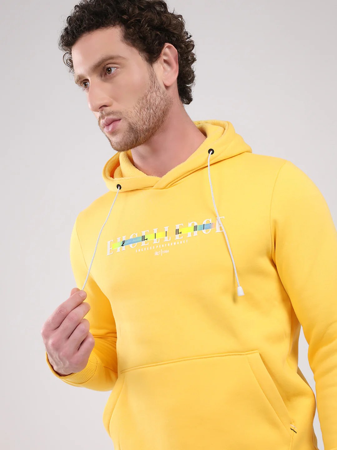 Men Yellow Printed Hooded Full Sleeve Sweatshirt - Image 6