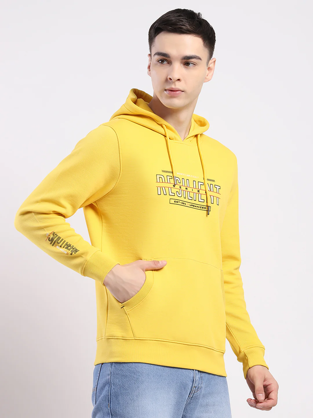 Men Yellow Printed Hooded Full Sleeve Winter T-Shirt - Image 4