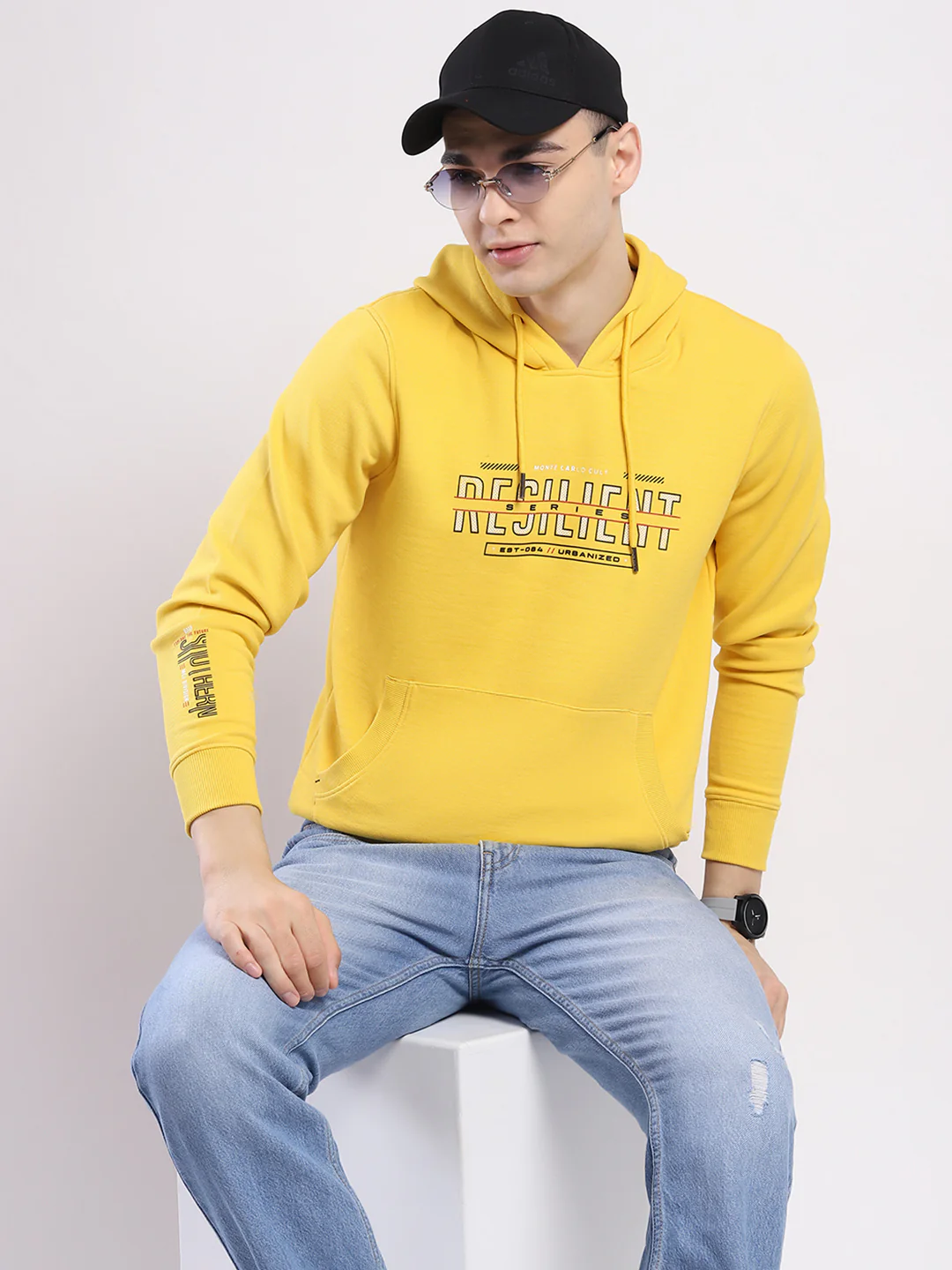Men Yellow Printed Hooded Full Sleeve Winter T-Shirt - Image 6