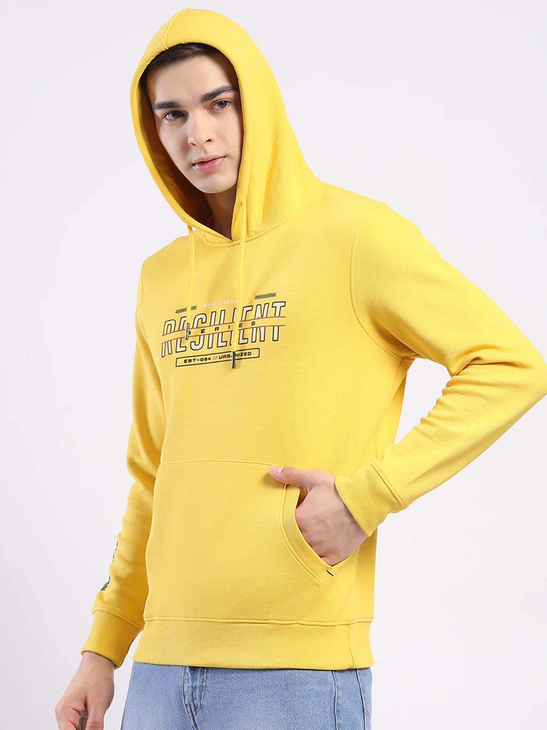 Men Yellow Printed Hooded Full Sleeve Winter T-Shirt - Image 7