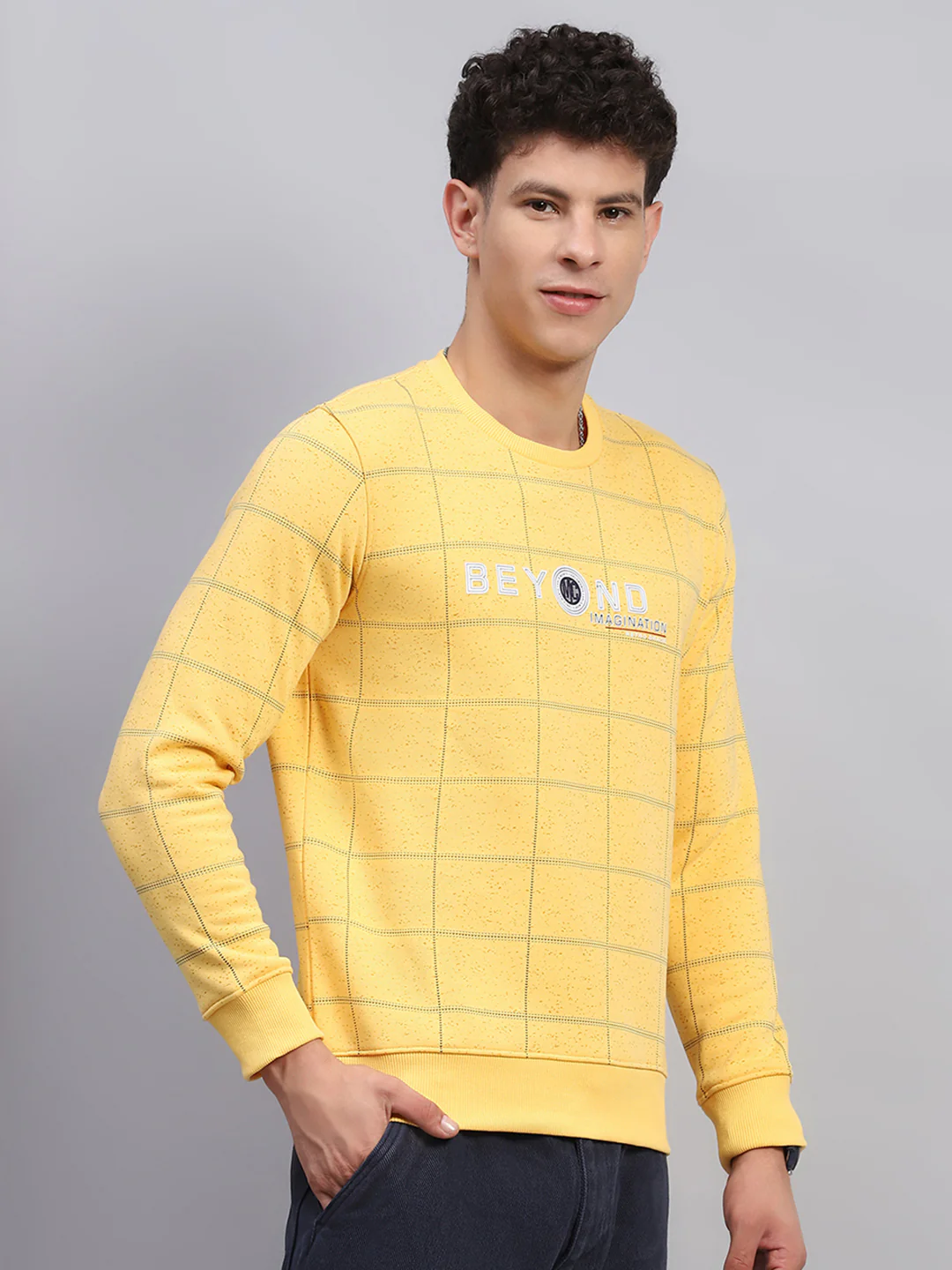 Men Yellow Printed Round Neck Full Sleeve Sweatshirt - Image 3