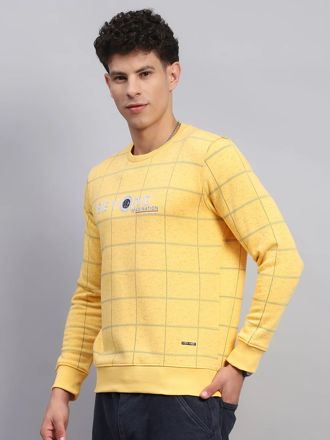 Men Yellow Printed Round Neck Full Sleeve Sweatshirt - Image 4