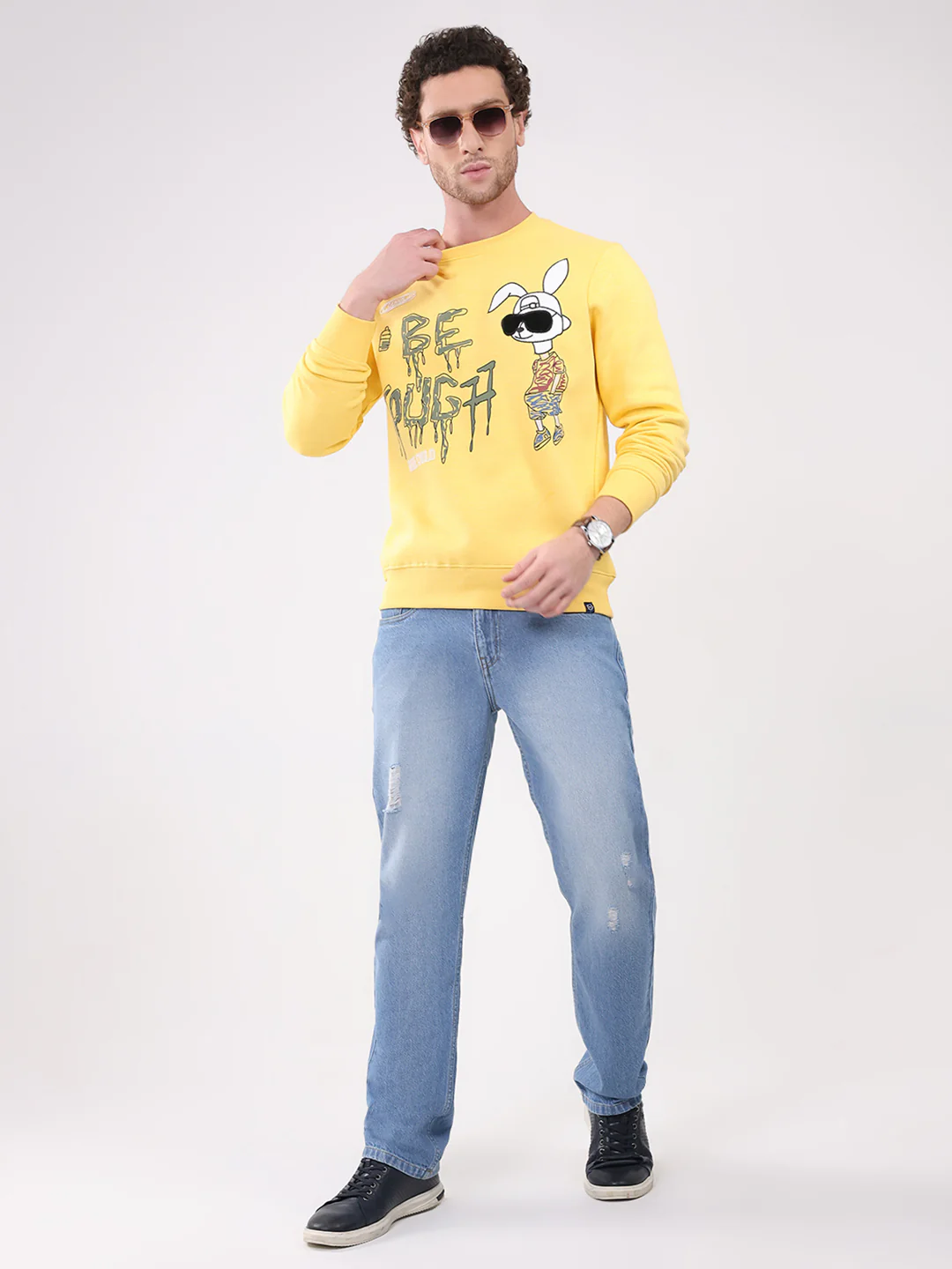 Men Yellow Printed Round Neck Full Sleeve Sweatshirt - Image 2