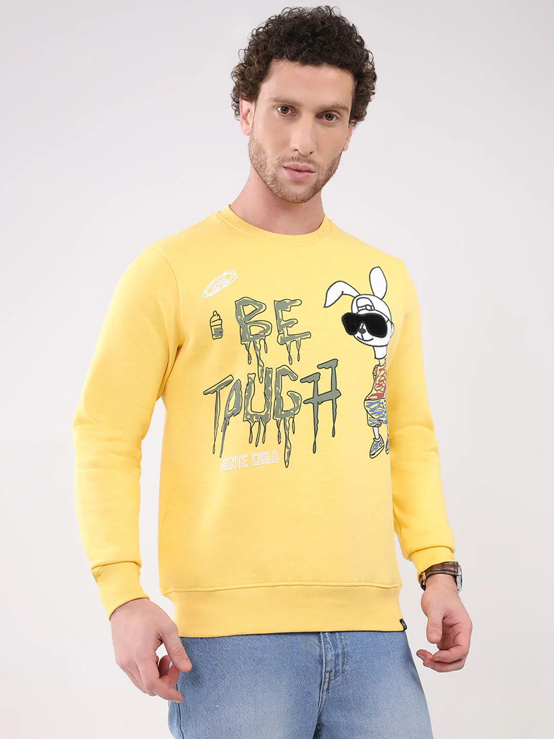 Men Yellow Printed Round Neck Full Sleeve Sweatshirt - Image 4