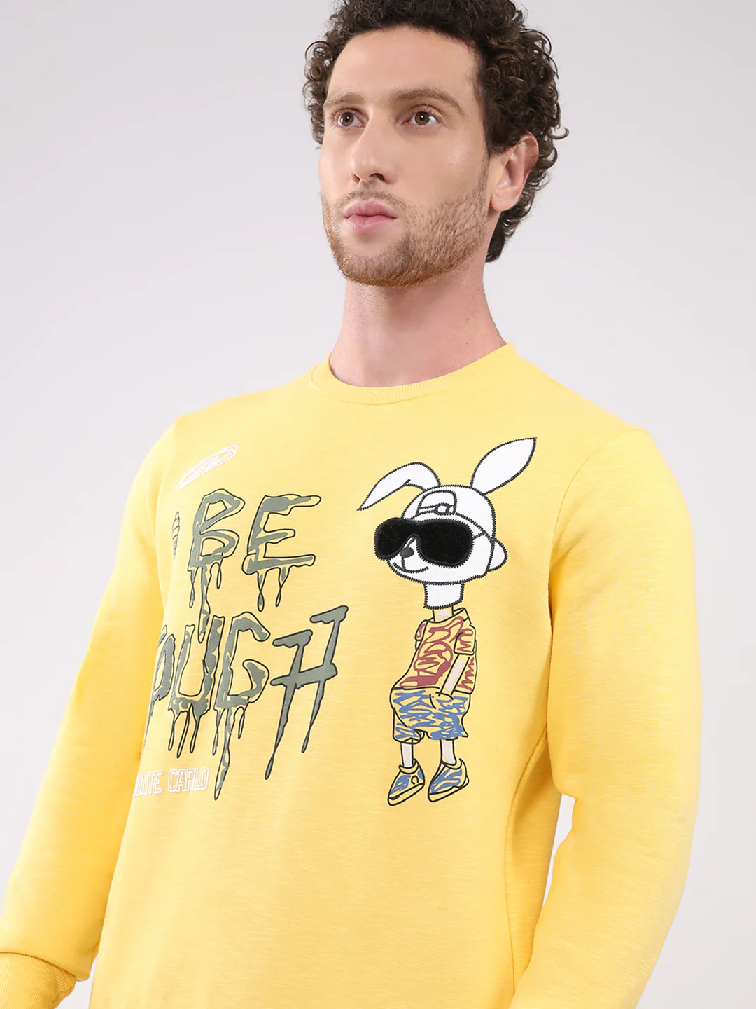 Men Yellow Printed Round Neck Full Sleeve Sweatshirt - Image 6