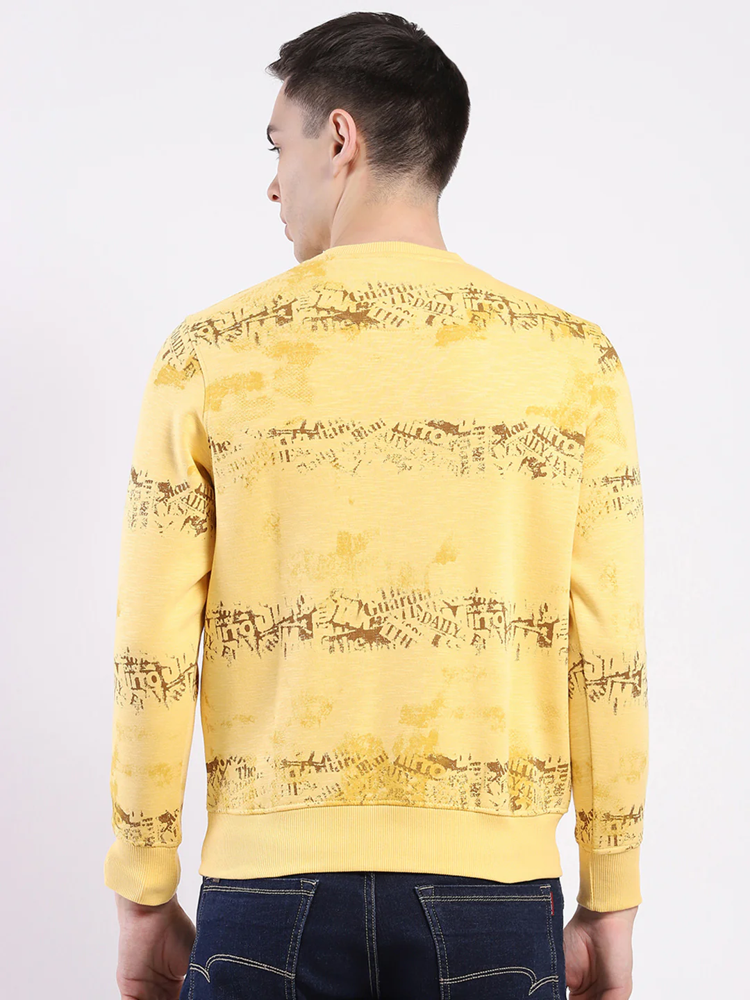 Men Yellow Printed Round Neck Full Sleeve Sweatshirt - Image 5