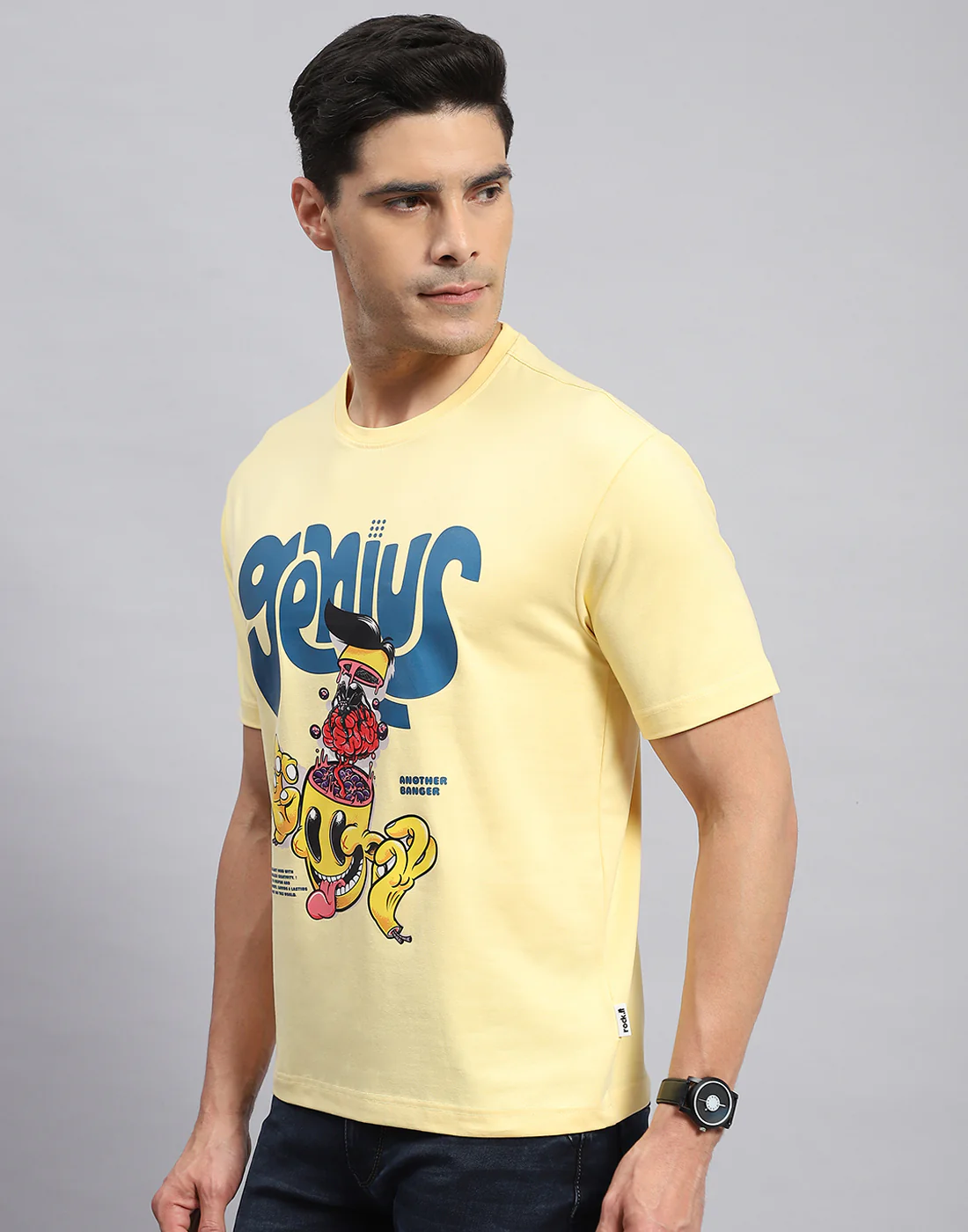 Rock.it Men Yellow Printed Round Neck Half Sleeve T-Shirt - Image 3