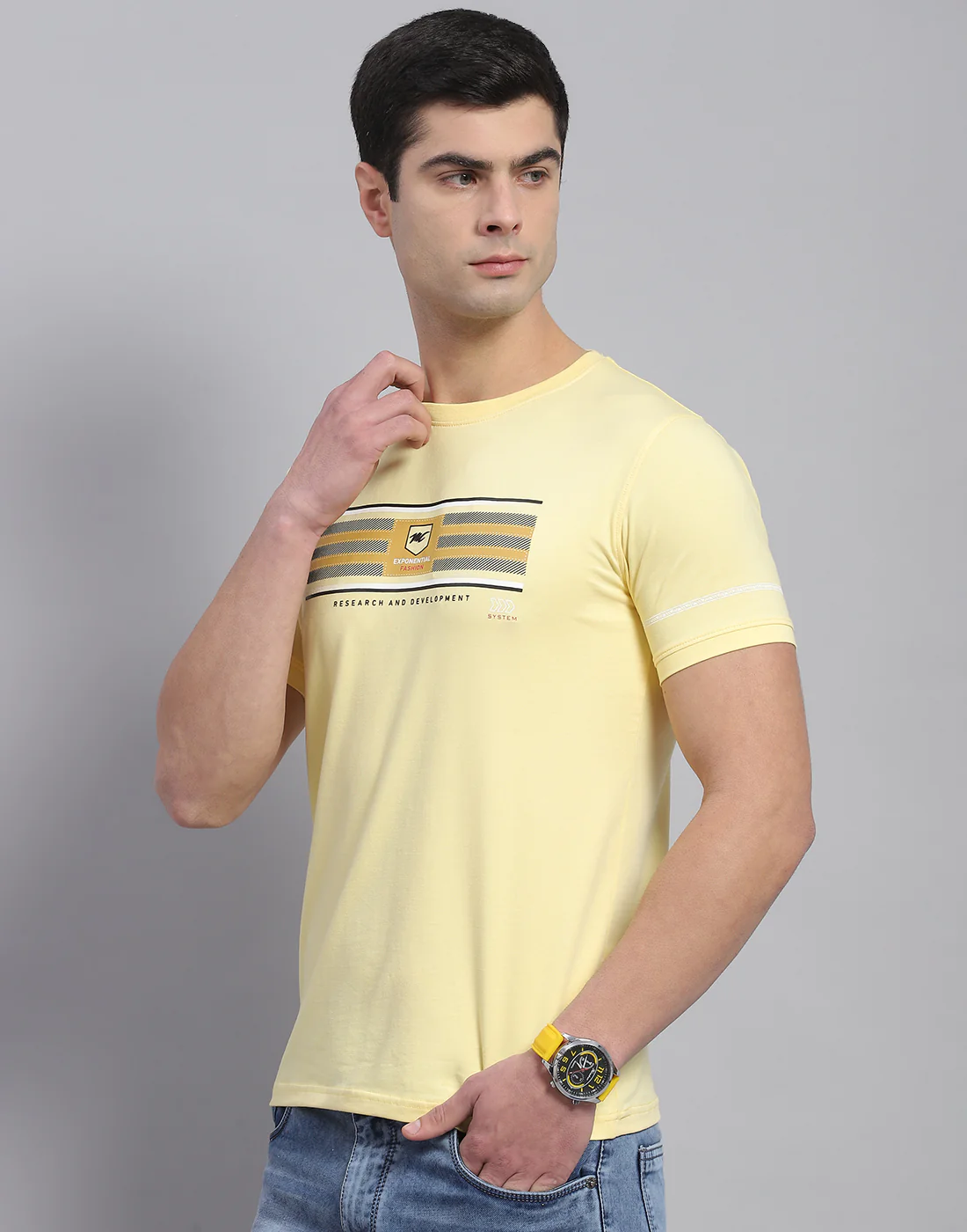 Men Yellow Printed Round Neck Half Sleeve T-Shirt - Image 4