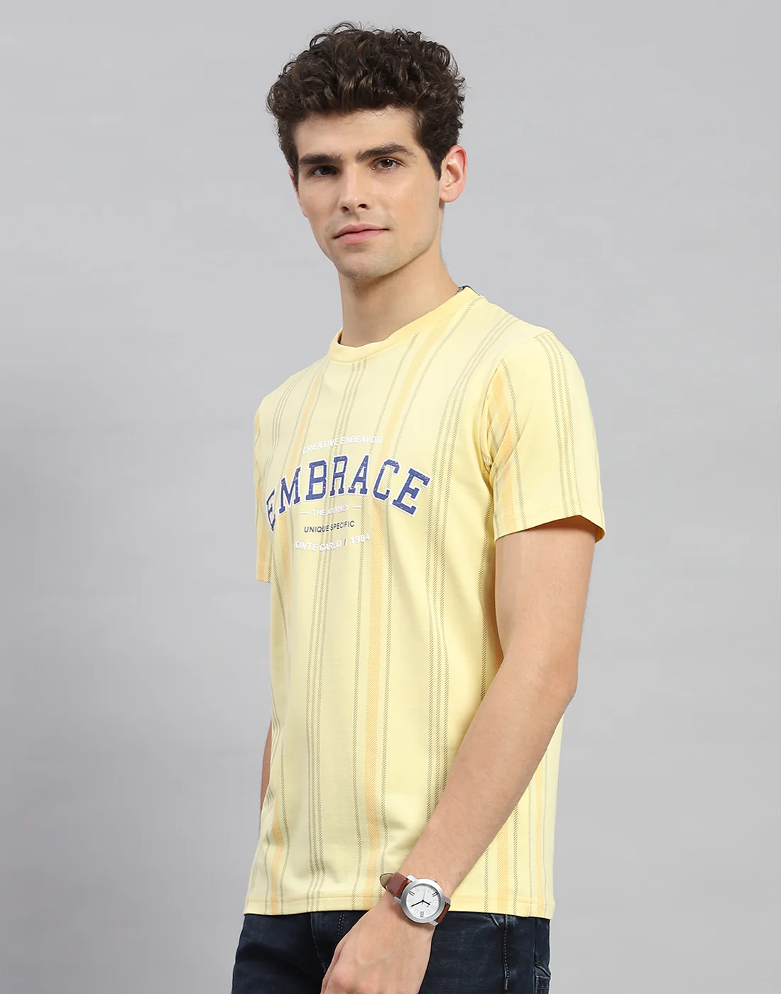 Men Yellow Printed Round Neck Half Sleeve T-Shirt - Image 3