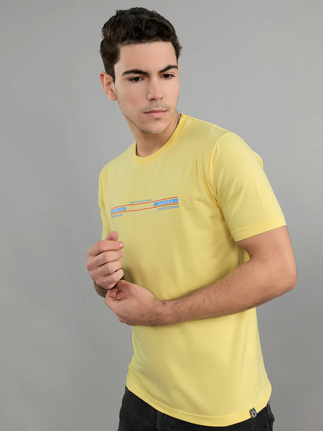 Men Yellow Printed Round Neck Half Sleeve T-Shirt - Image 3