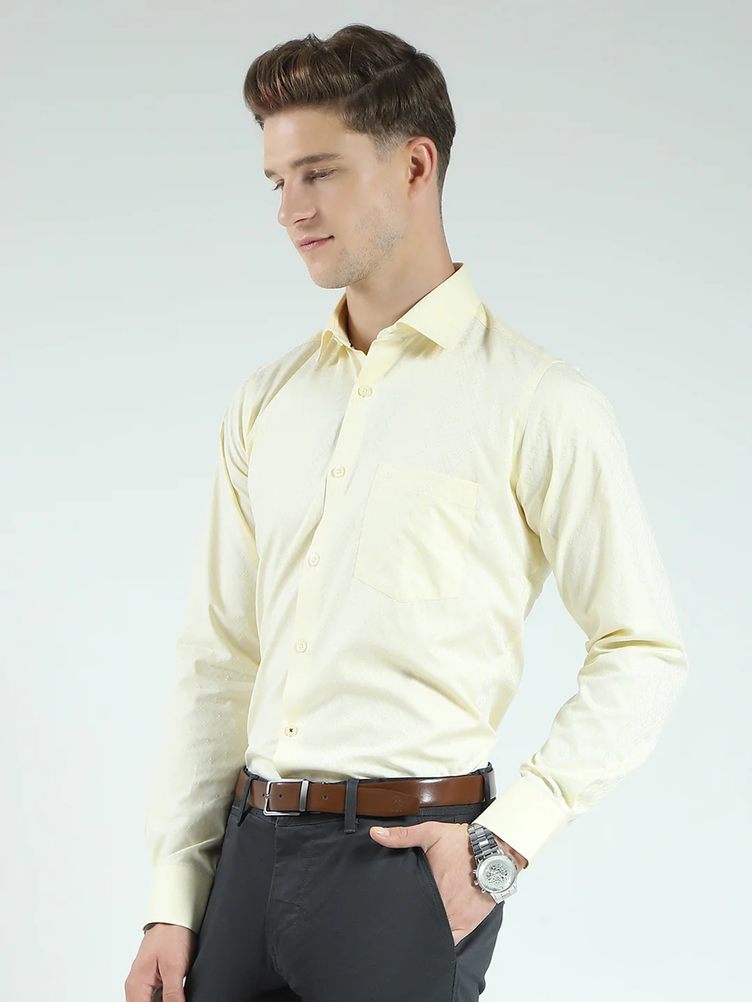 Men Yellow Self Design Collar Full Sleeve Shirt - Image 3