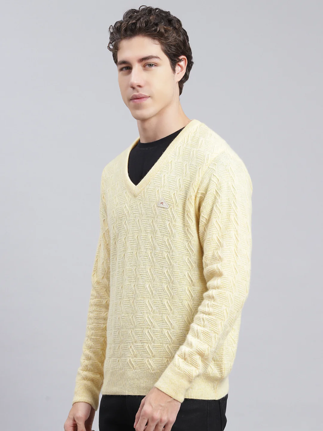 Men Yellow Self Design Lamb wool Pullover - Image 4
