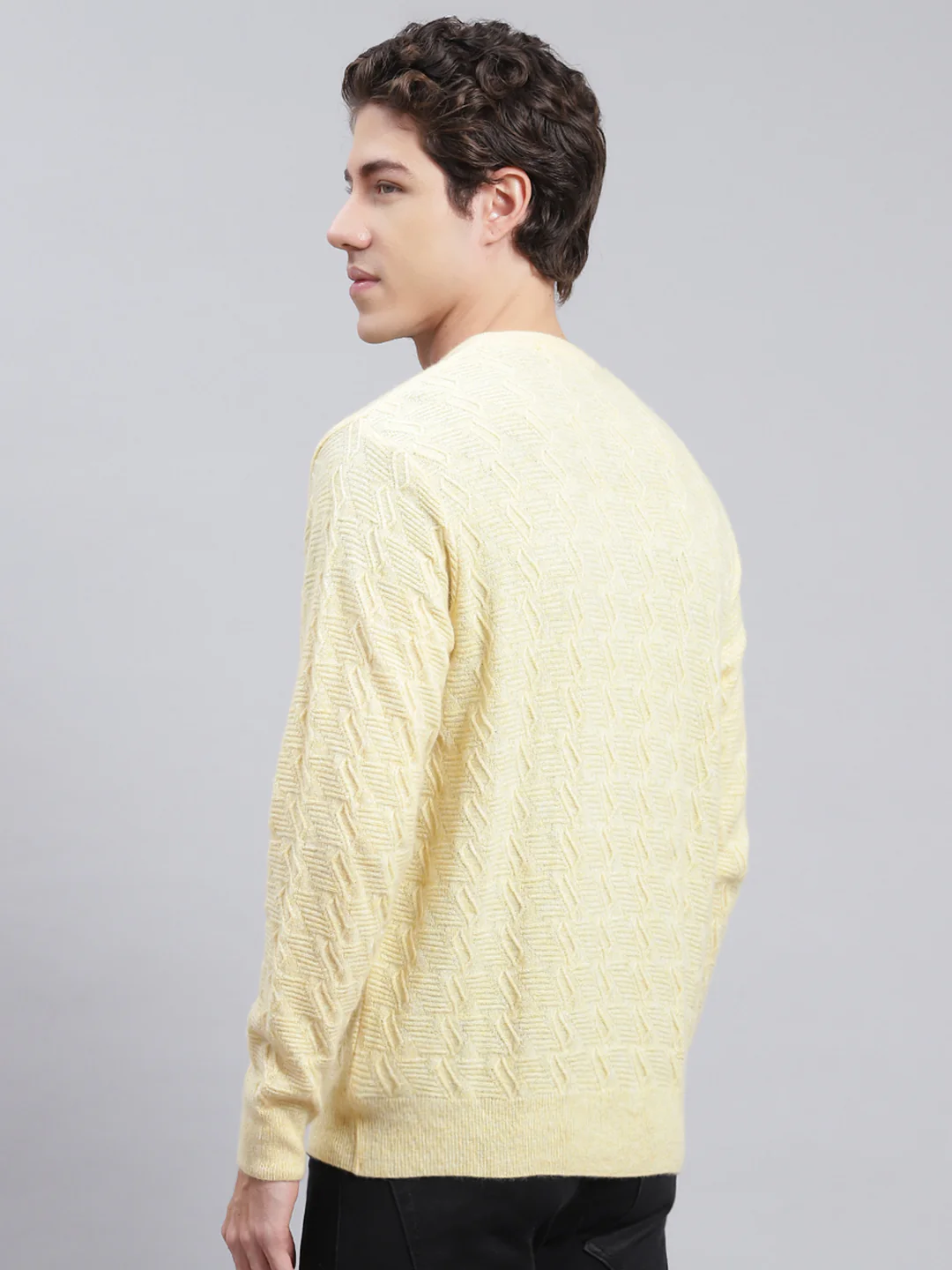 Men Yellow Self Design Lamb wool Pullover - Image 5