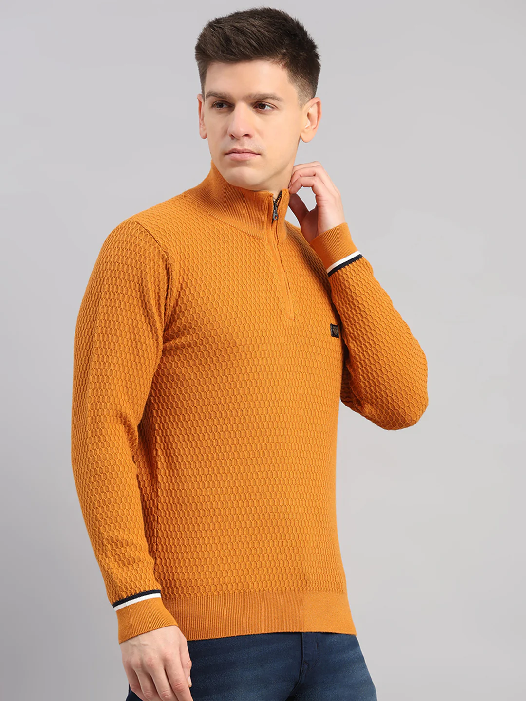 Men Yellow Self Design Round Neck Full Sleeve Pullover - Image 4