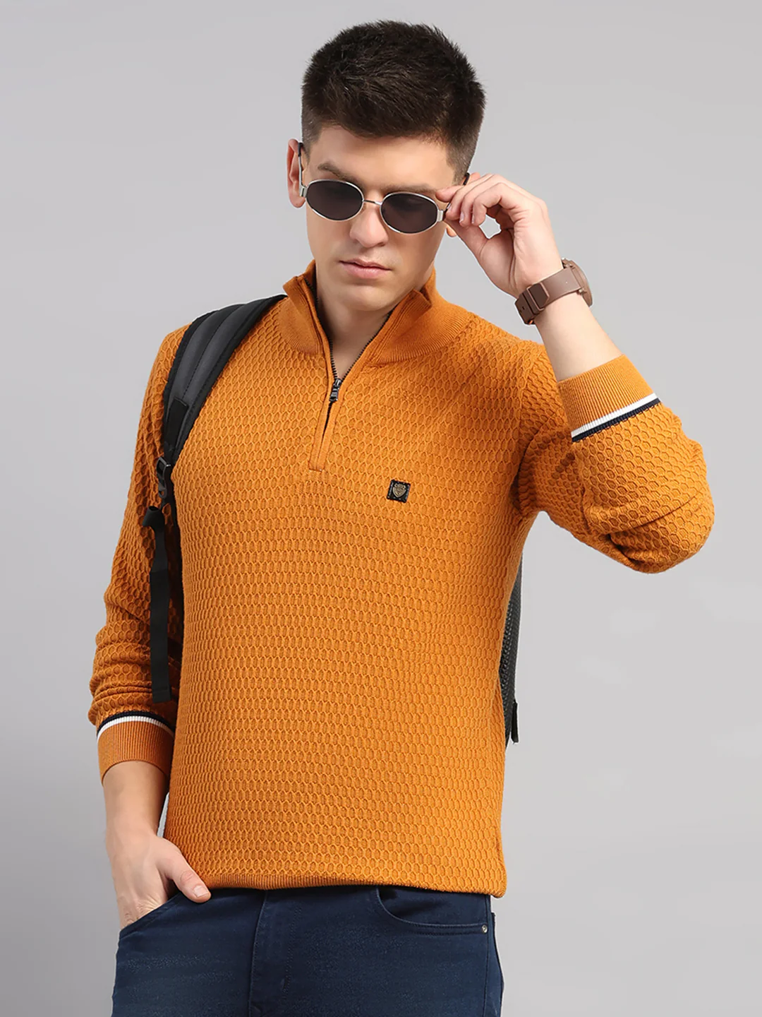 Men Yellow Self Design Round Neck Full Sleeve Pullover - Image 6