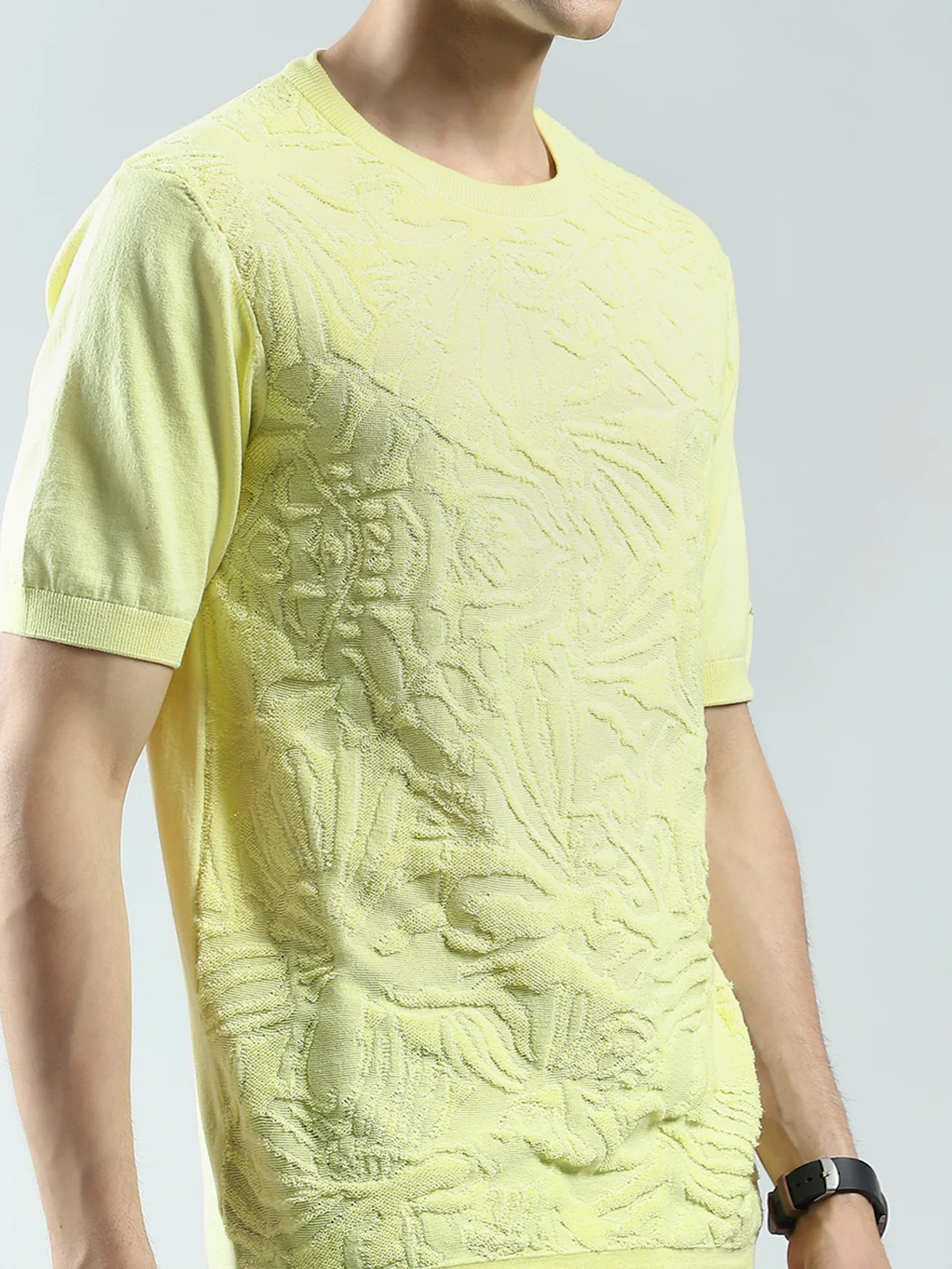 Men Yellow Self Design Round Neck Half Sleeve T-Shirt - Image 7