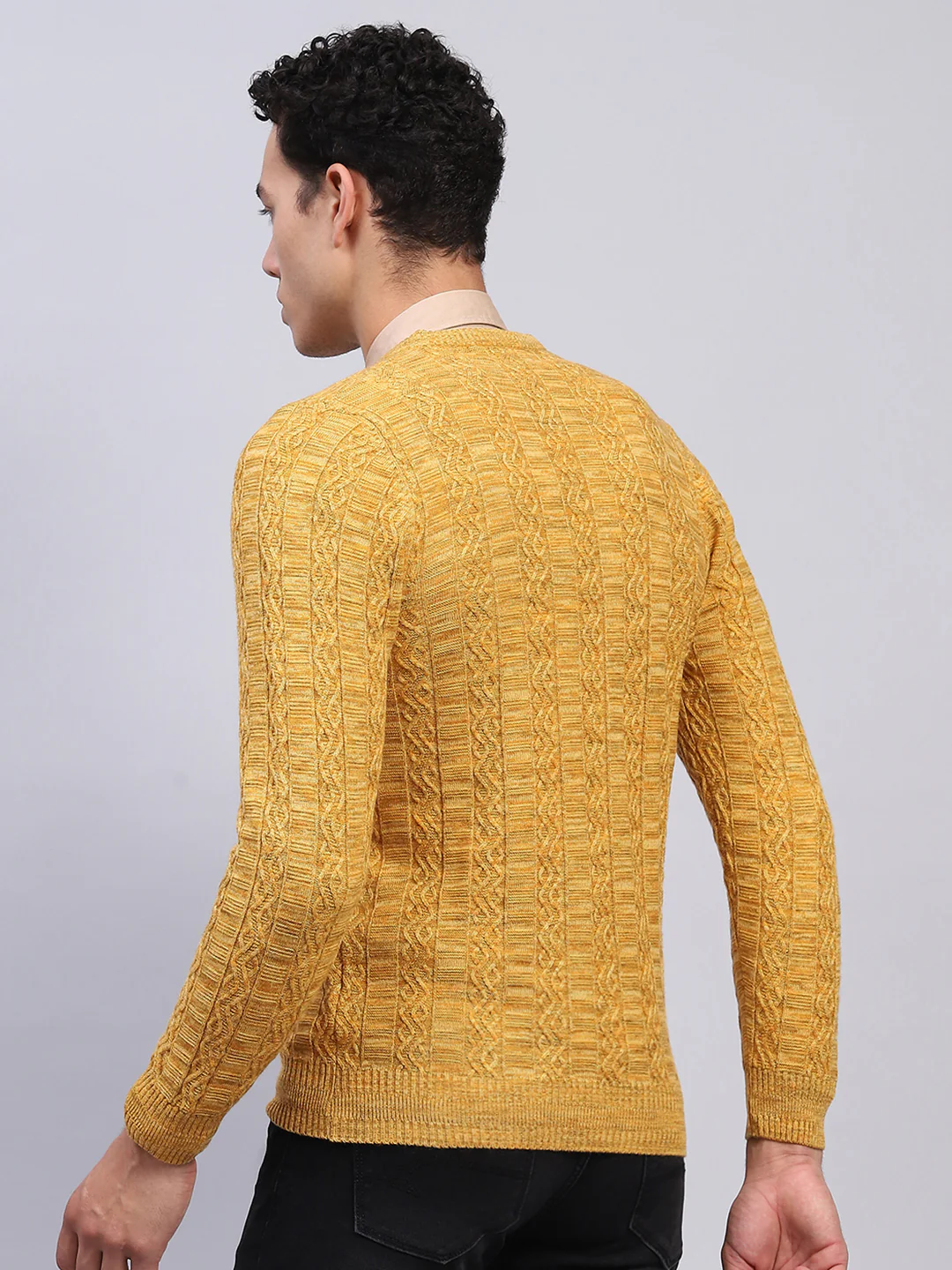 Men Yellow Self Design V Neck Full Sleeve Pullover - Image 5