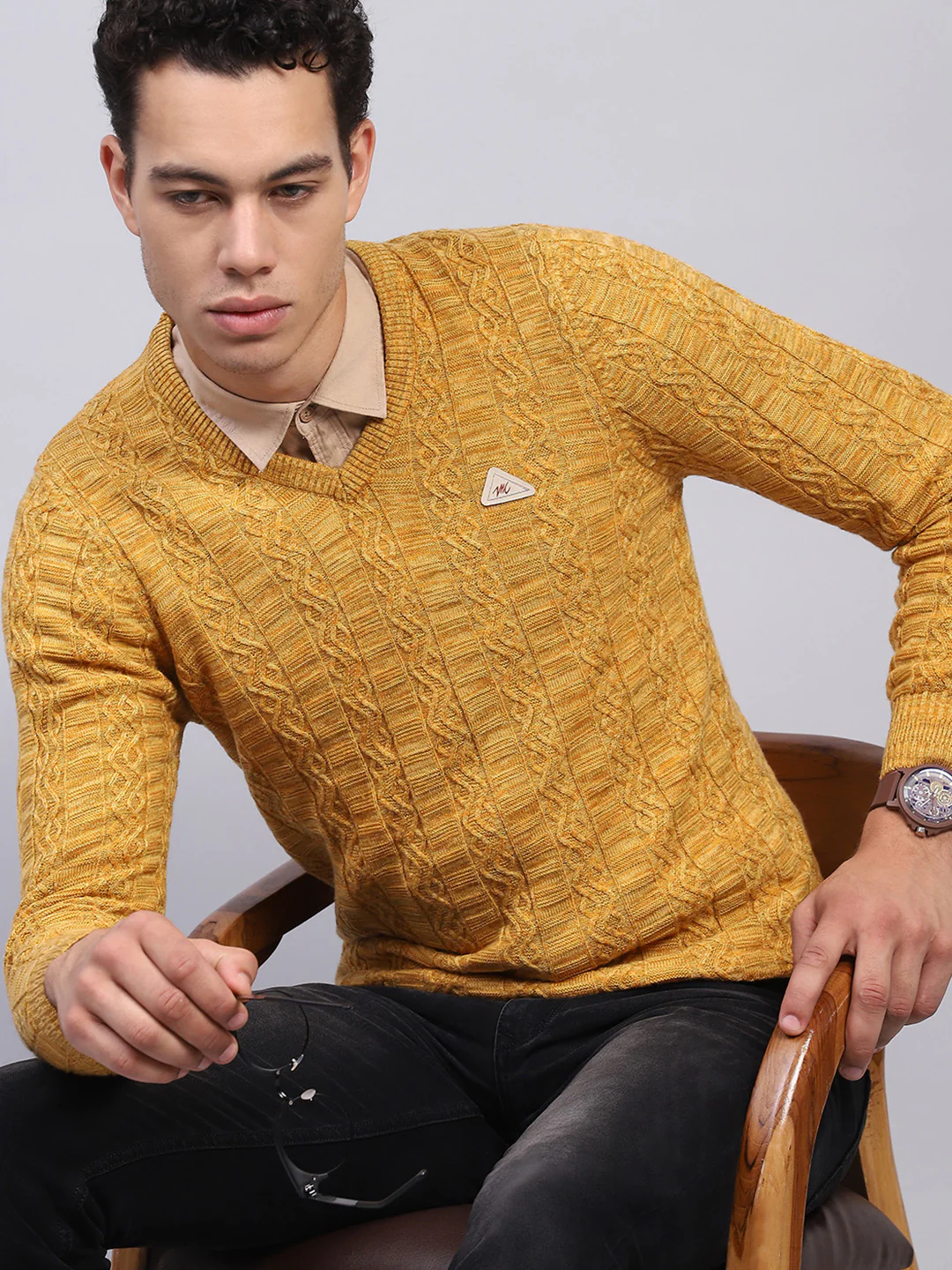 Men Yellow Self Design V Neck Full Sleeve Pullover - Image 6