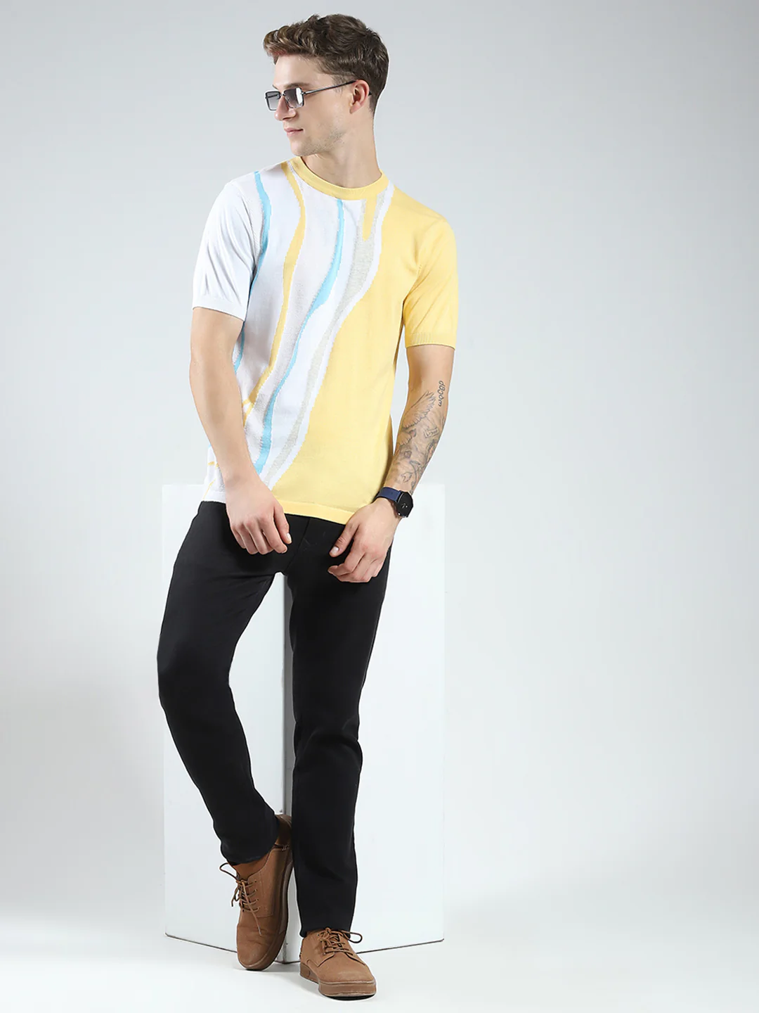 Men Yellow Self Design Round Neck Half Sleeve T-Shirt - Image 2