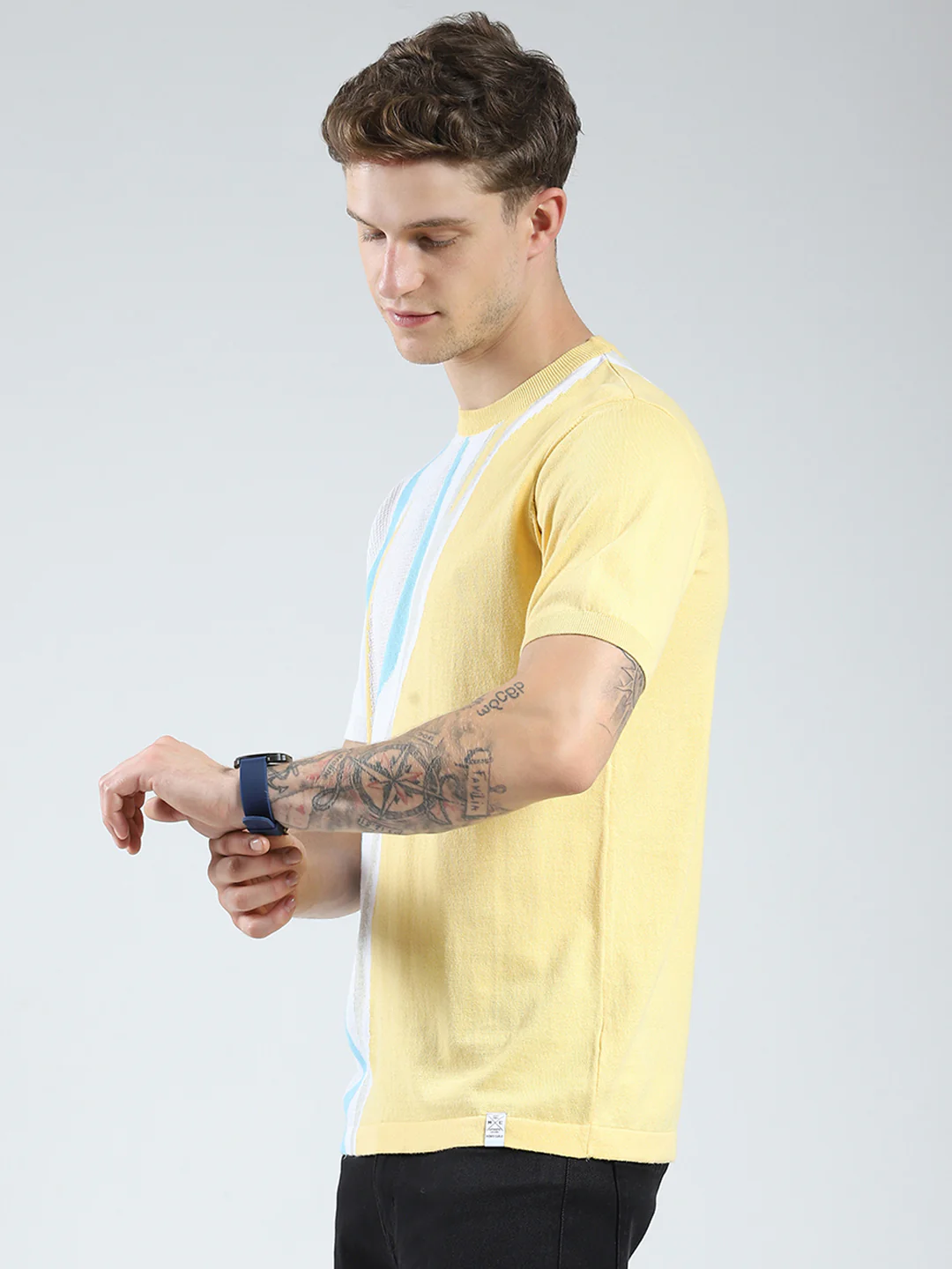 Men Yellow Self Design Round Neck Half Sleeve T-Shirt - Image 3