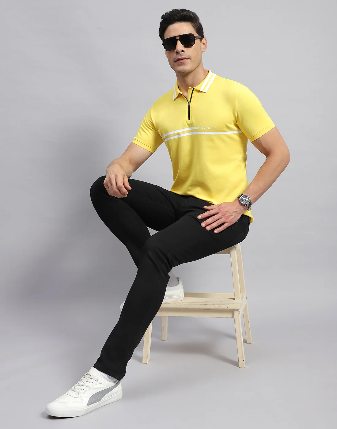 Rock.it Men Yellow Solid Collar Half Sleeve T-Shirt - Image 2