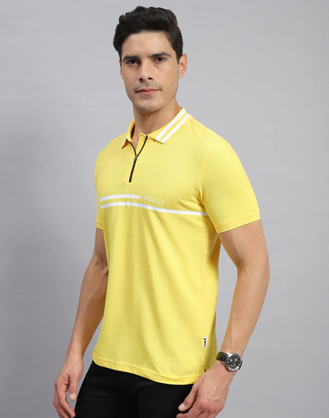 Rock.it Men Yellow Solid Collar Half Sleeve T-Shirt - Image 3