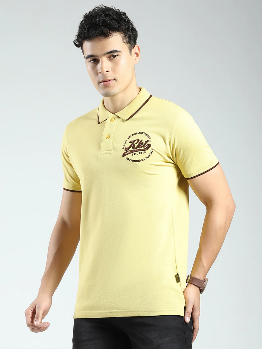 Rock.it Men Yellow Solid Collar Half Sleeve T-Shirt - Image 3