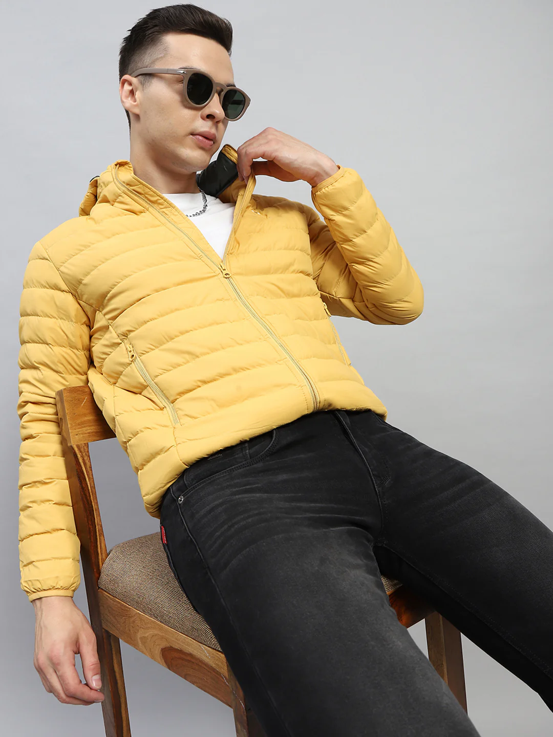 Men Yellow Solid Hooded Full Sleeve Jacket - Image 6