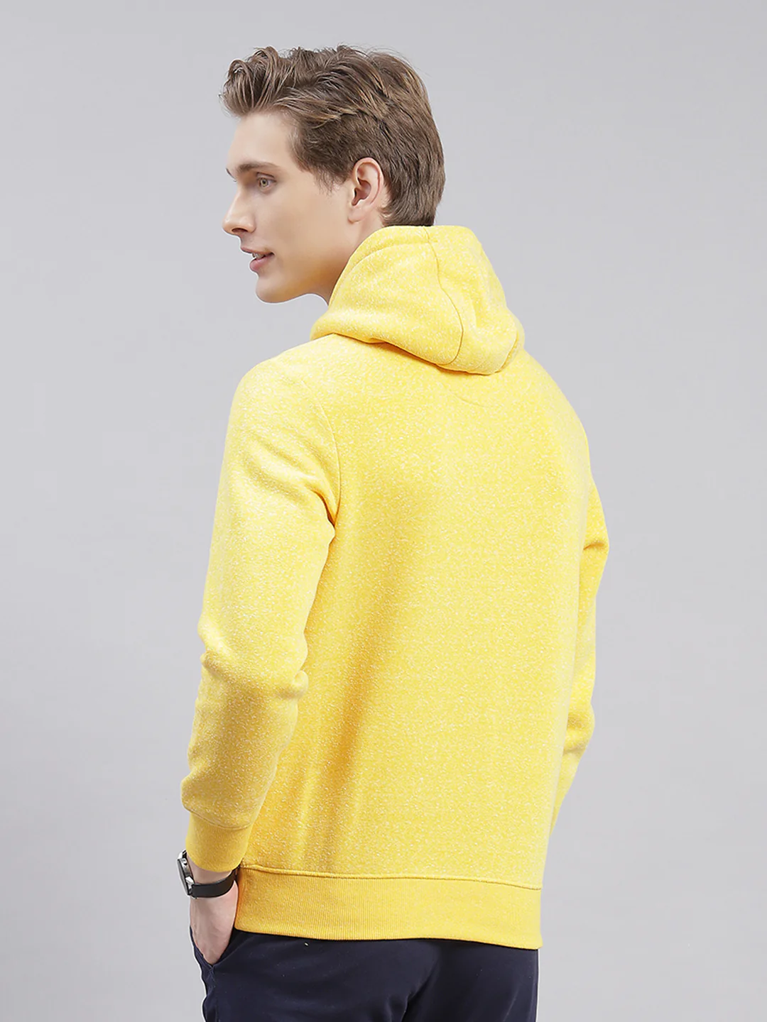 Men Yellow Solid Hooded Full Sleeve Sweatshirts - Image 6