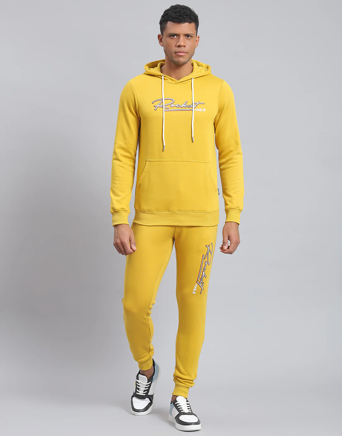 Rock.it Men Yellow Solid Hooded Full Sleeve Tracksuit - Image 2