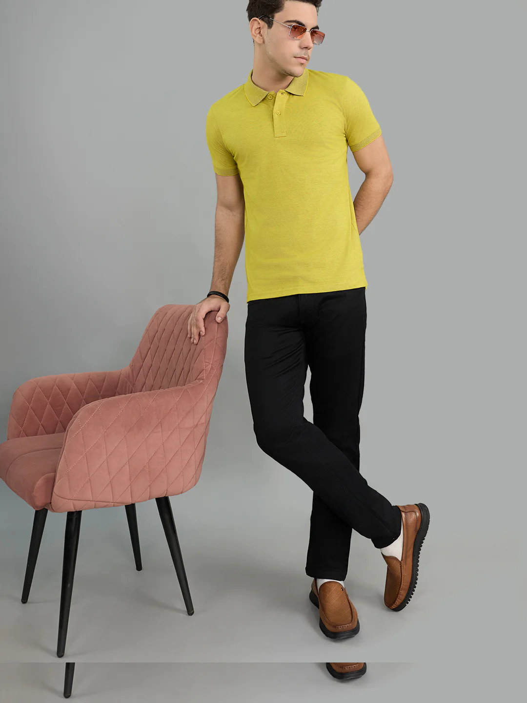Men Yellow Solid Polo Collar Half Sleeve T-Shirt - Image 6