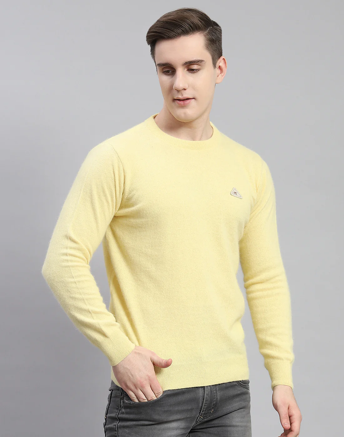Men Yellow Solid Round Neck Full Sleeve Pullover - Image 3