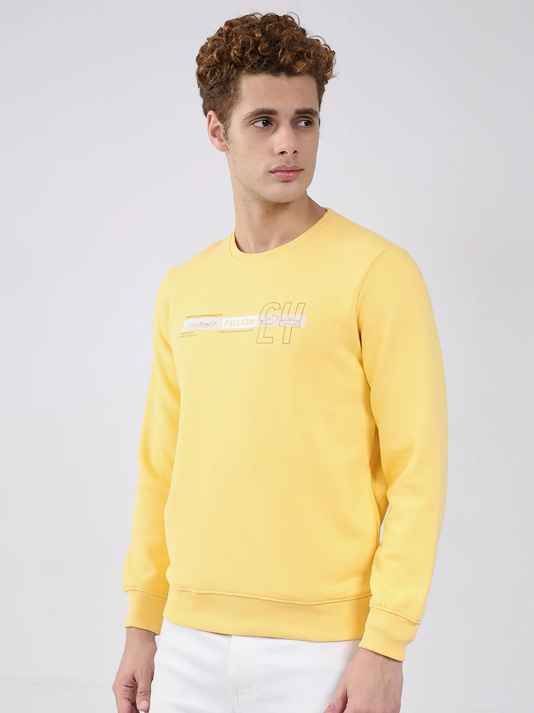 Men Yellow Solid Round Neck Full Sleeve Sweatshirt - Image 3