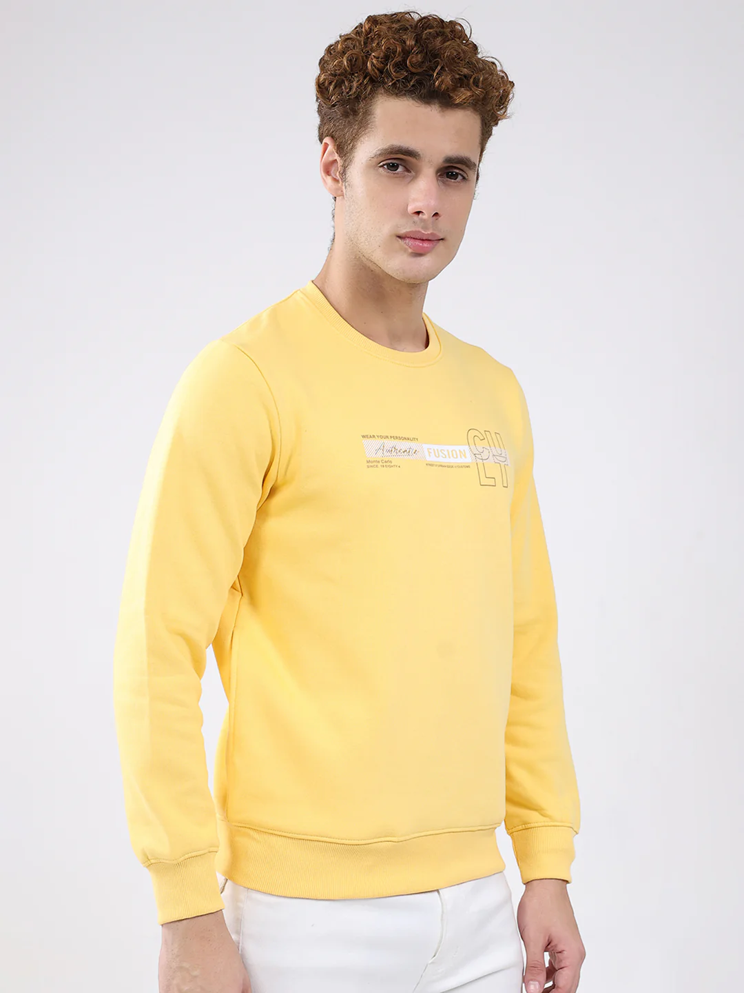 Men Yellow Solid Round Neck Full Sleeve Sweatshirt - Image 4