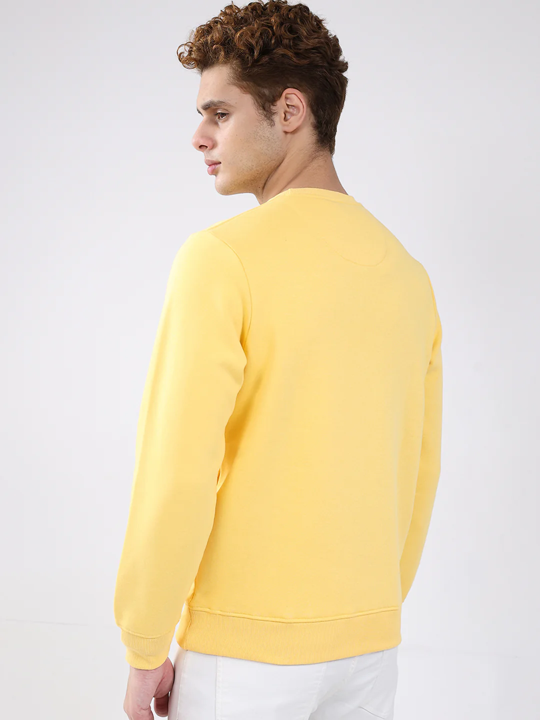 Men Yellow Solid Round Neck Full Sleeve Sweatshirt - Image 5