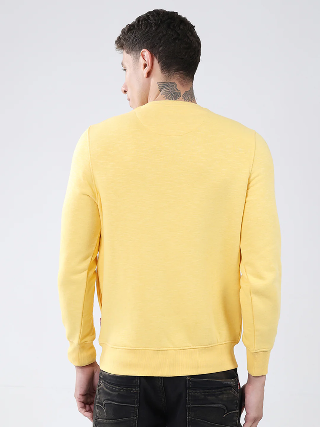 Men Yellow Solid Round Neck Full Sleeve Sweatshirt - Image 5