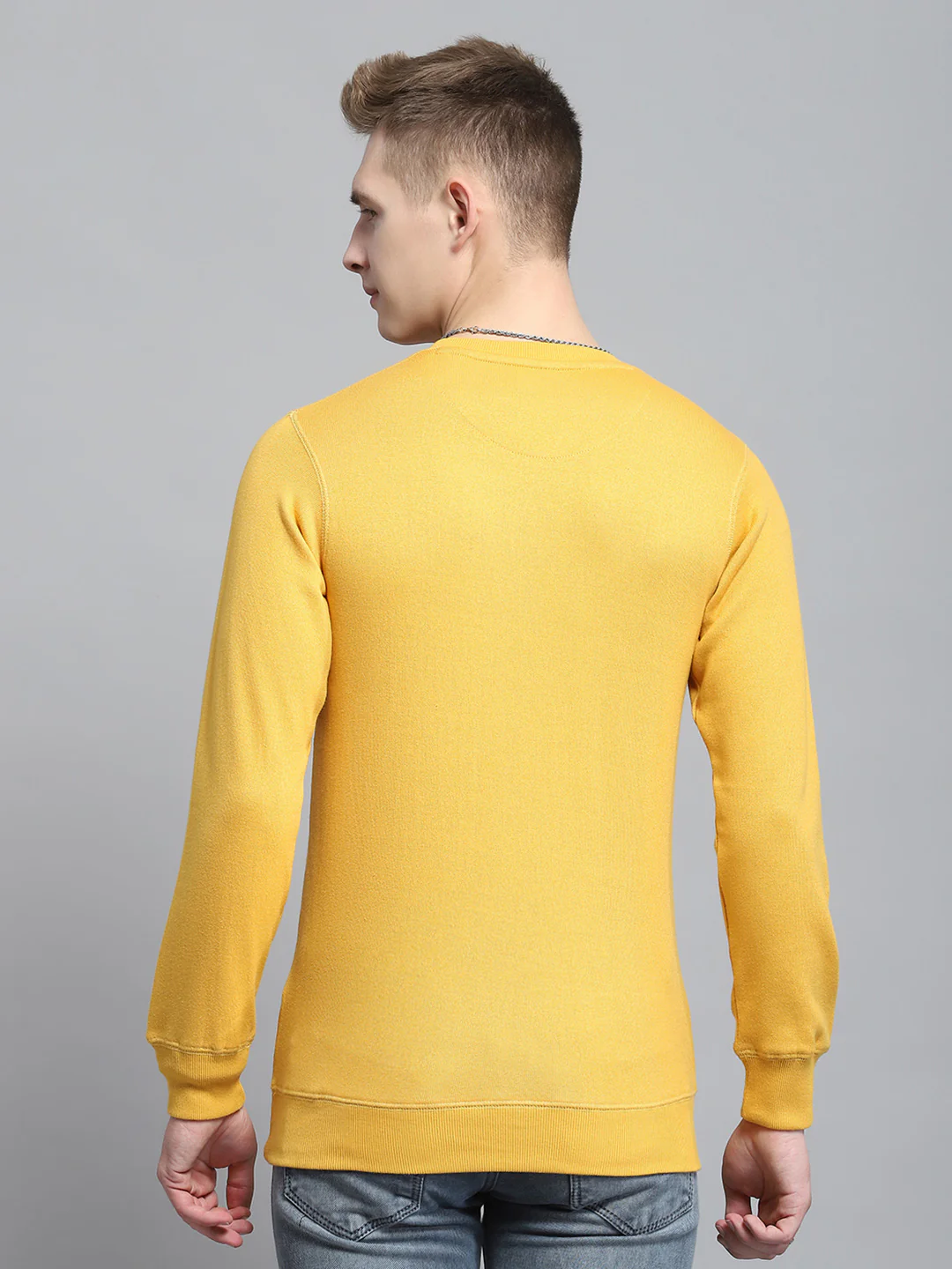 Men Yellow Solid Round Neck Full Sleeve Winter T-Shirt - Image 5