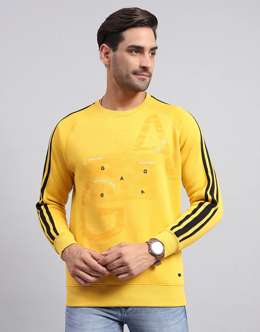 Men Yellow Printed Round Neck Full Sleeve Sweatshirt - Image 2