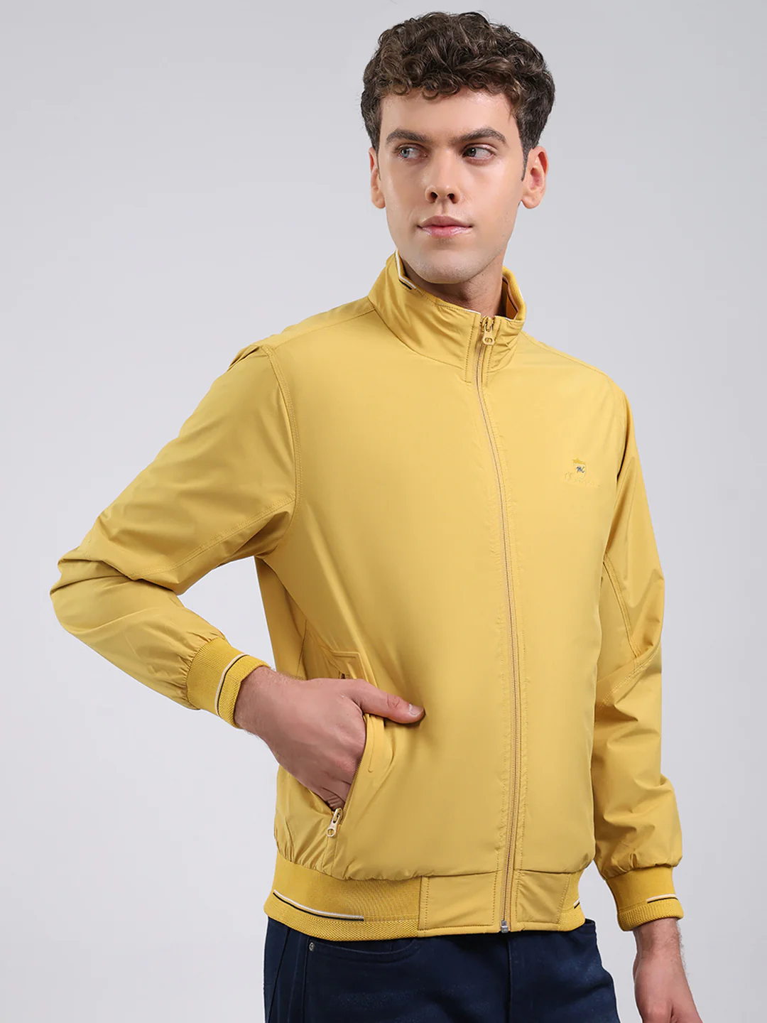 Men Yellow Solid Stand Collar Full Sleeve Jacket - Image 4