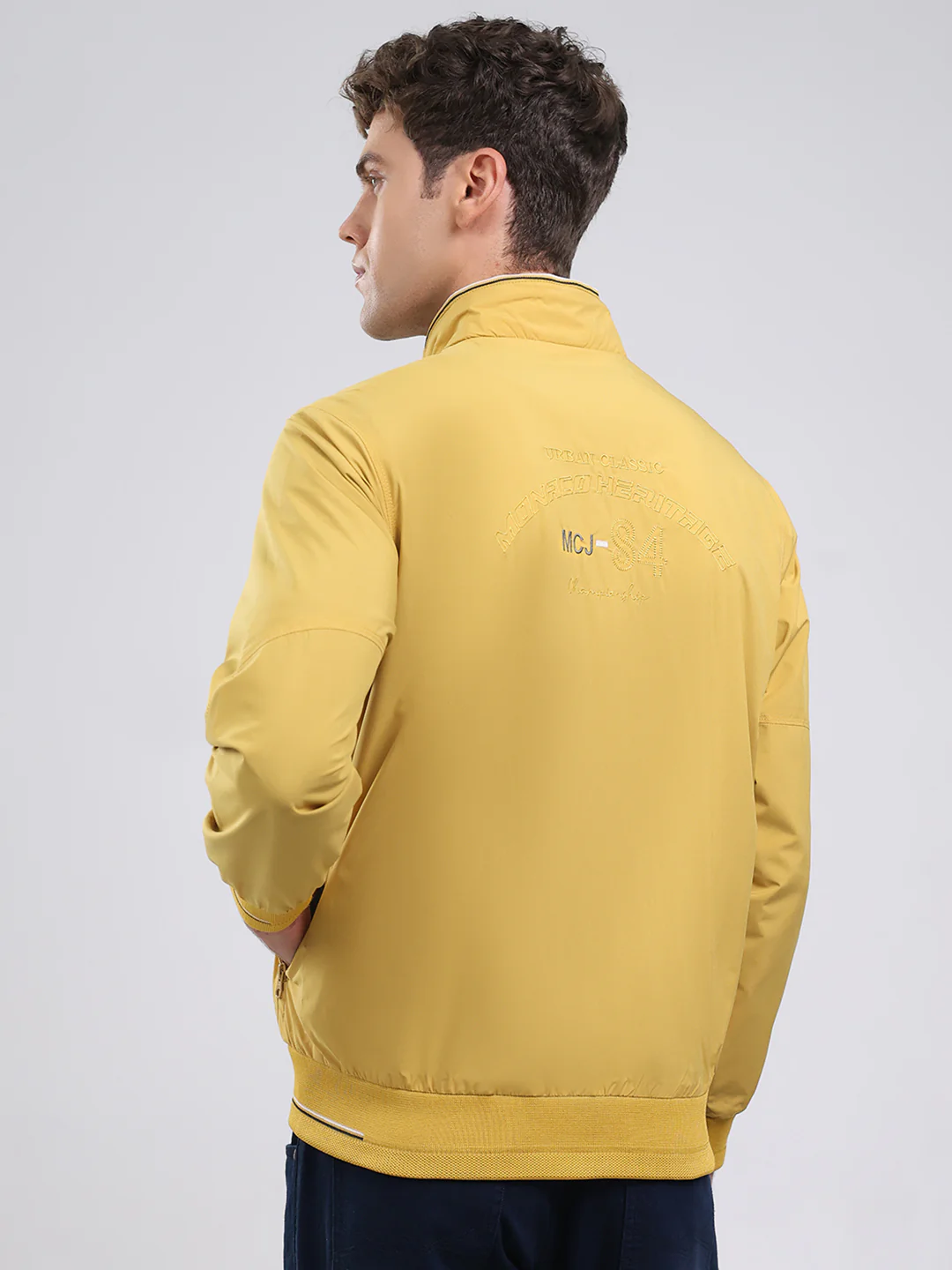 Men Yellow Solid Stand Collar Full Sleeve Jacket - Image 5