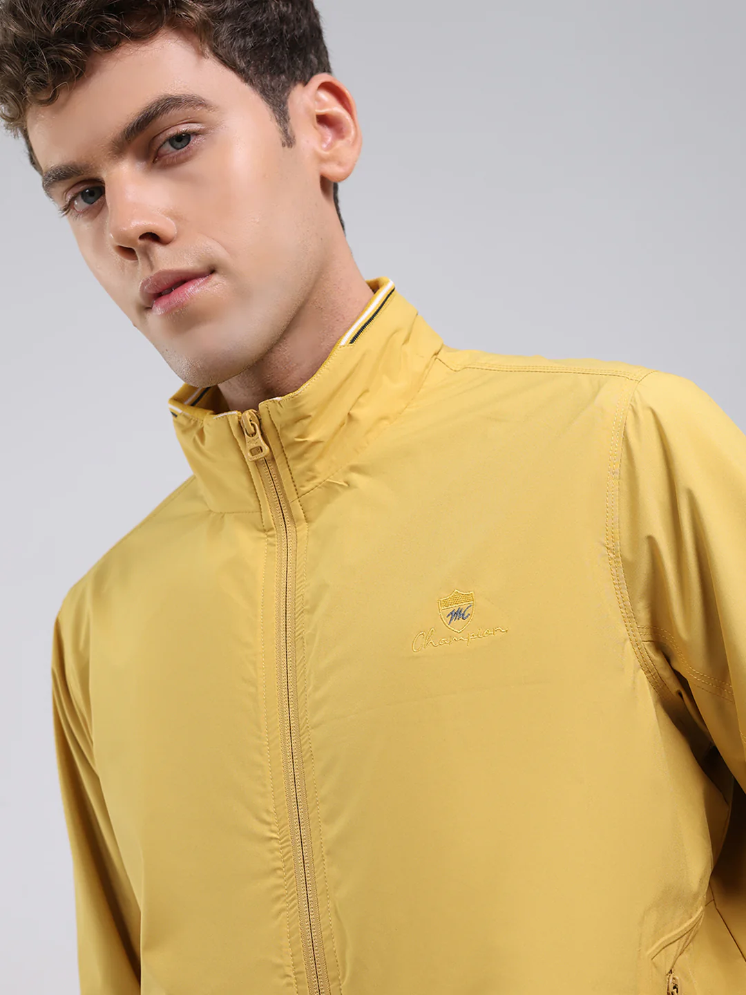 Men Yellow Solid Stand Collar Full Sleeve Jacket - Image 6