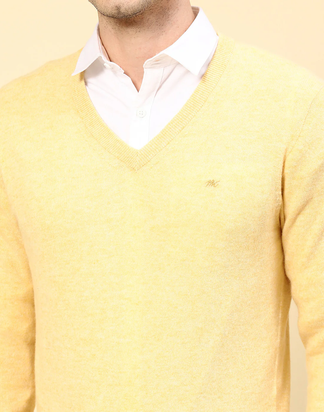 Men Yellow Solid V Neck Full Sleeve Pullover - Image 6