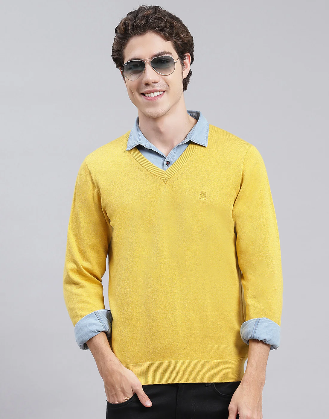 Men Yellow Solid V Neck Full Sleeve Pullover - Image 2