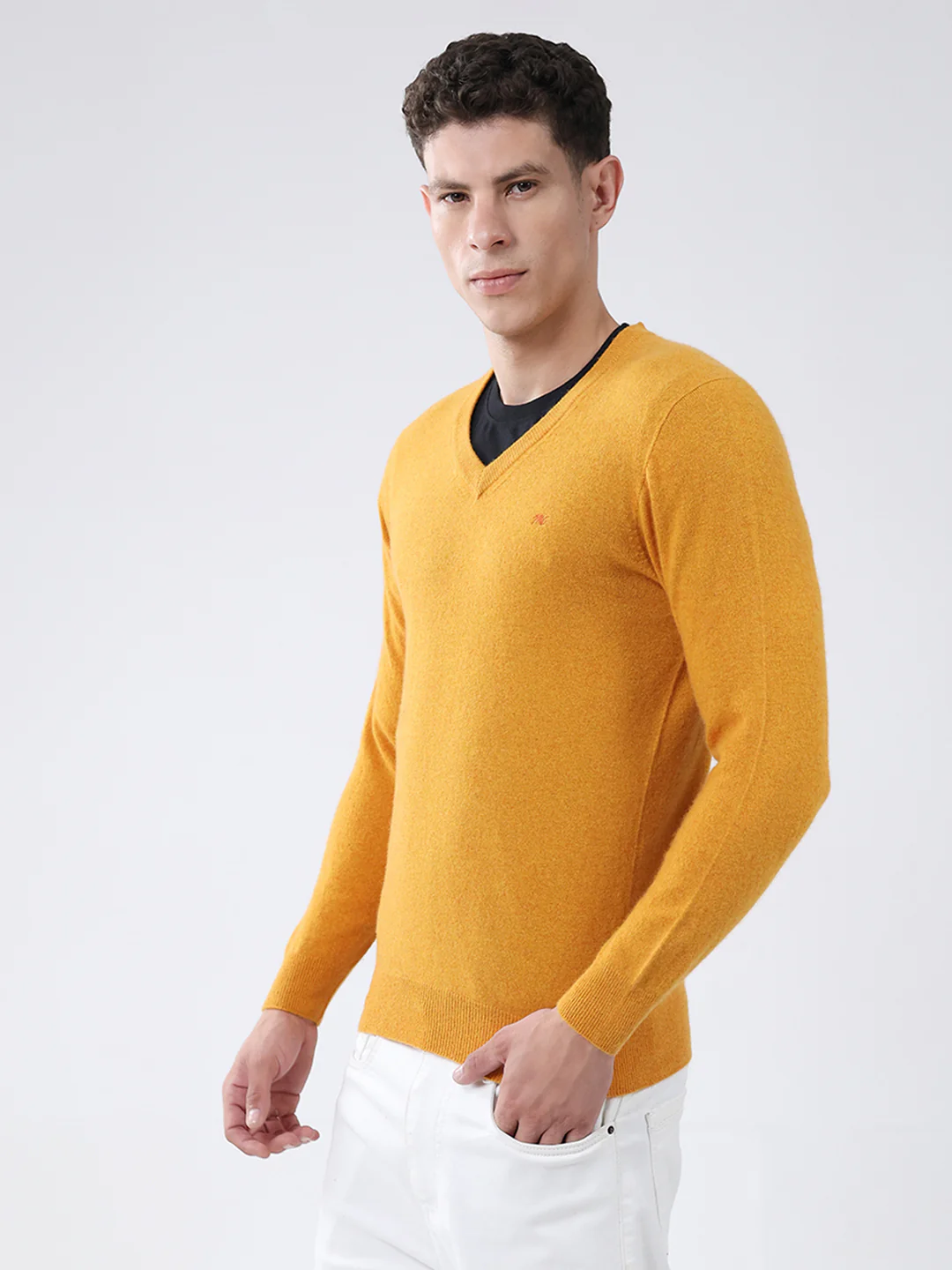 Men Yellow Solid V Neck Full Sleeve Pullover - Image 3