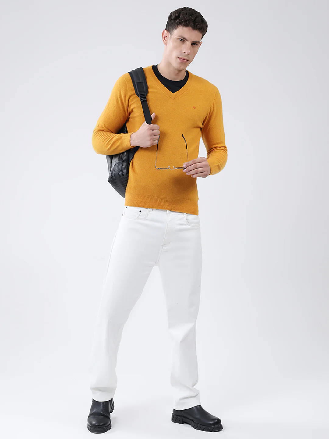 Men Yellow Solid V Neck Full Sleeve Pullover - Image 6