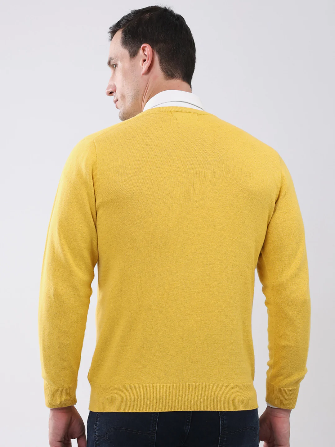 Men Yellow Solid V Neck Full Sleeve Pullover - Image 5