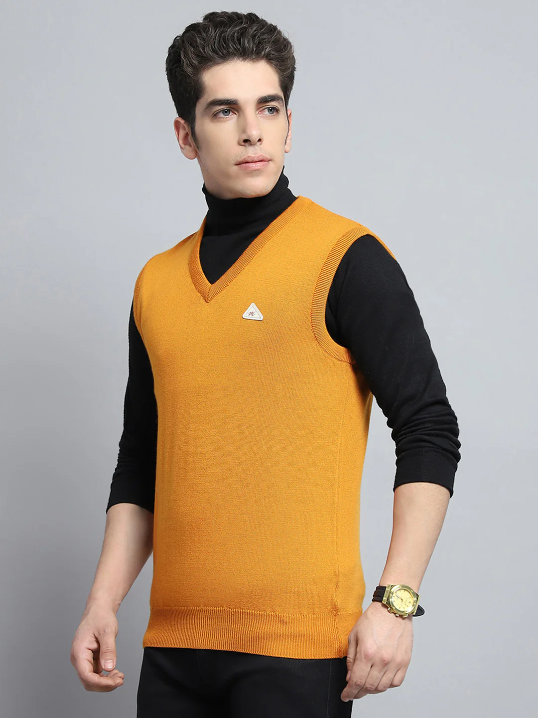 Men Yellow Solid V Neck Sleeveless Sweater - Image 3