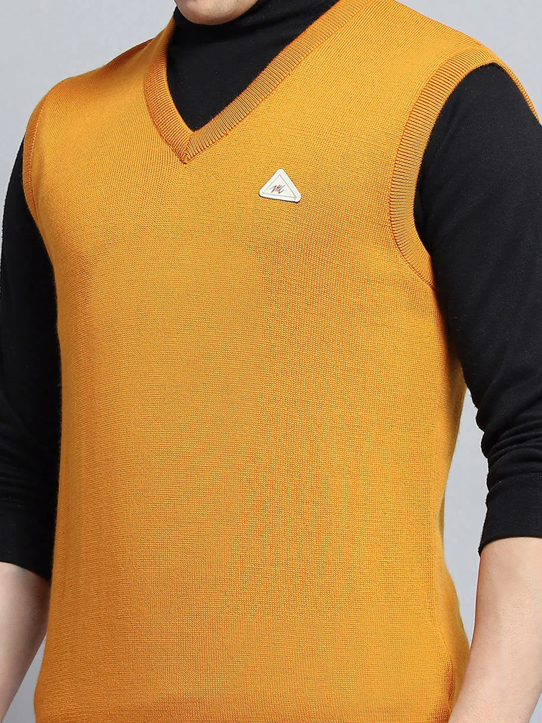 Men Yellow Solid V Neck Sleeveless Sweater - Image 6