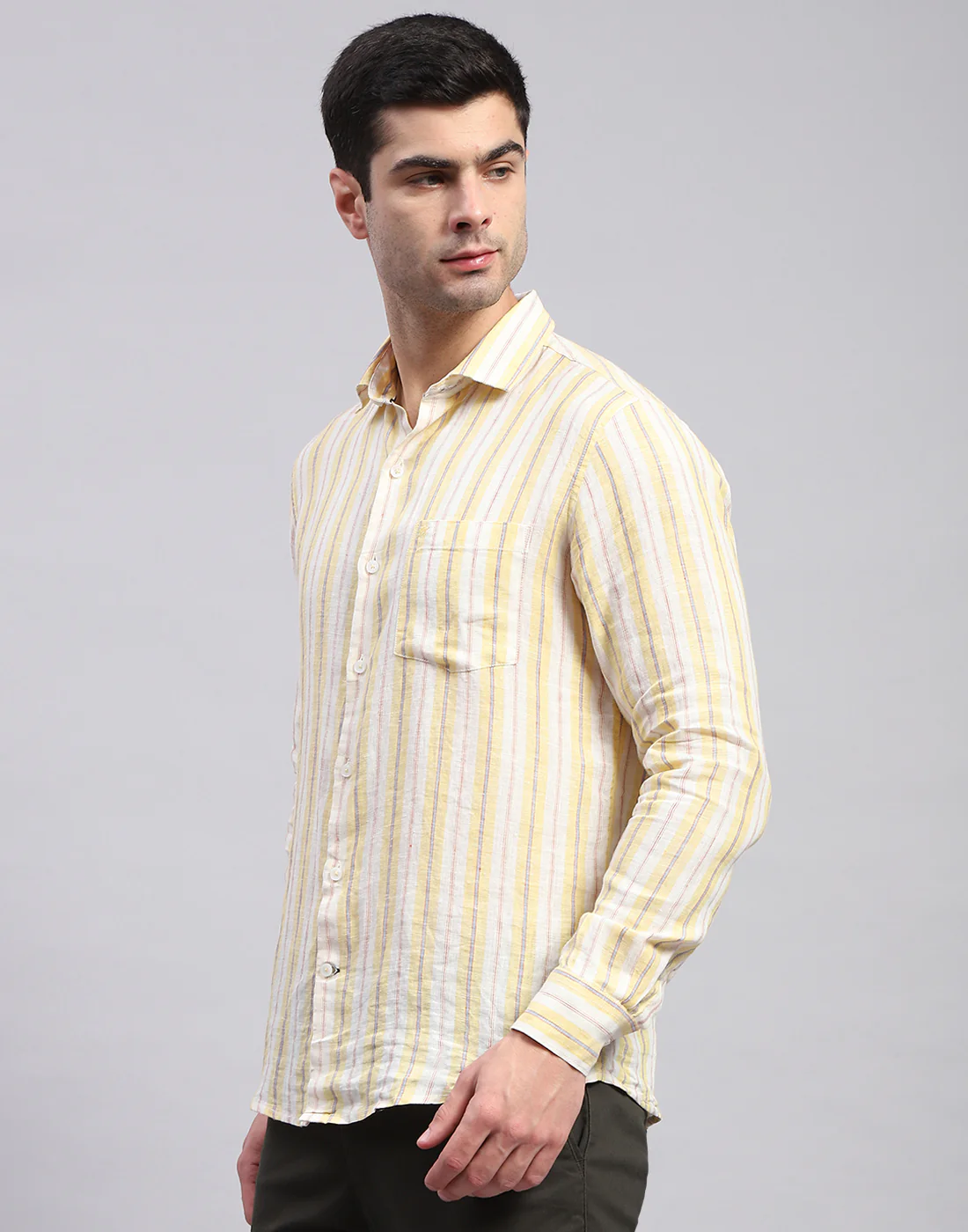 Men Yellow Stripe Collar Full Sleeve Linen Shirt - Image 3
